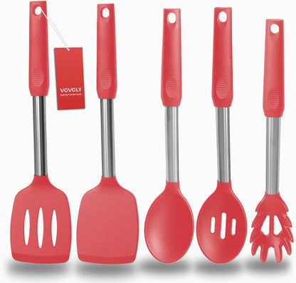 Silicone Spatula and Cooking Spoon,5 Pack Non-Stick Cooking Utensils for Kitchen，Heat Resistant Solid & Slotted Spoons and Spatulas