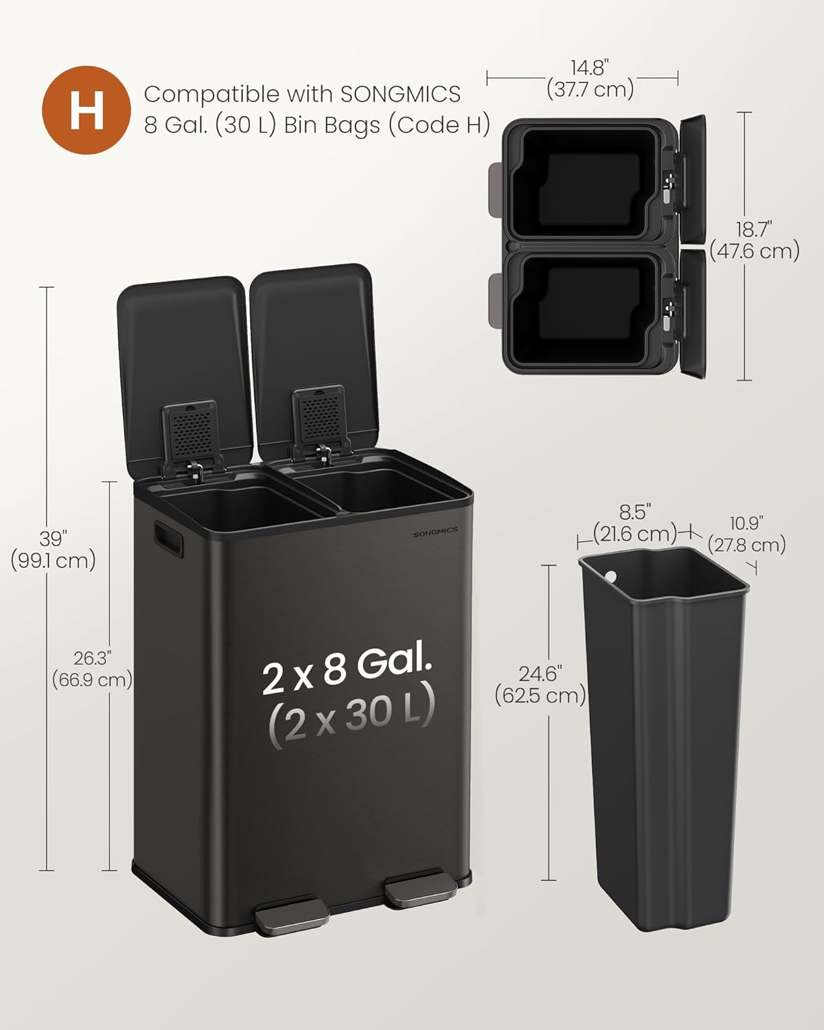 SONGMICS Trash Can, 2 x 8 Gallon (2 x 30 L) Dual-Compartment Garbage Can with Soft-Close Lid, Pedal and Inner Buckets, Stainless Steel, Includes 15 Liner Bags, Slate Gray ULTB741G01