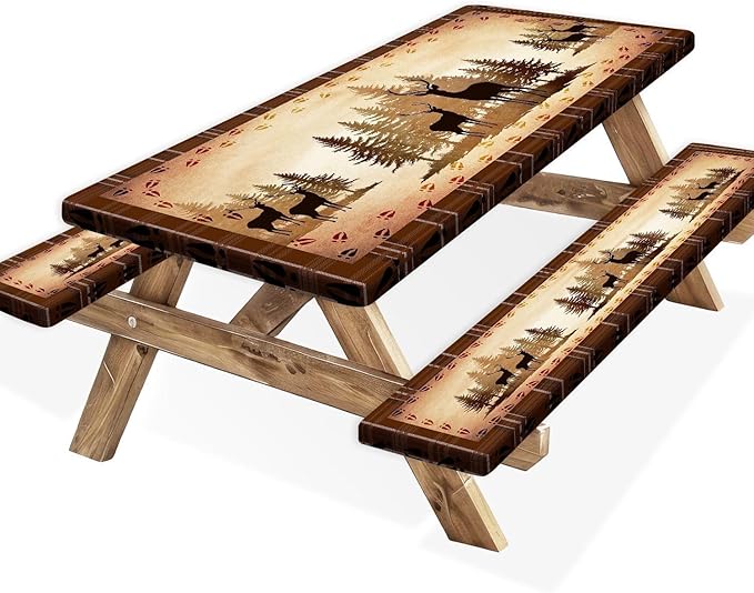 30X96 Inch Brown Deer Picnic Table Cover with Bench Cover and Drawstring Bag, Waterproof Washable Fitted Outdoor Tablecloth Rectangular Elastic Edged for Camping Outdoor Travel, 3 Pieces Set