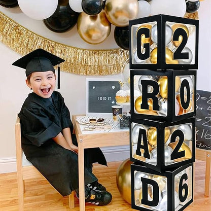 2026 Graduation Decorations - 4Pcs Black Balloon Boxes with Letters 2026&Grad for Preschool Kindergarten Middle High School College Graduation Party Decorations Class of 2026