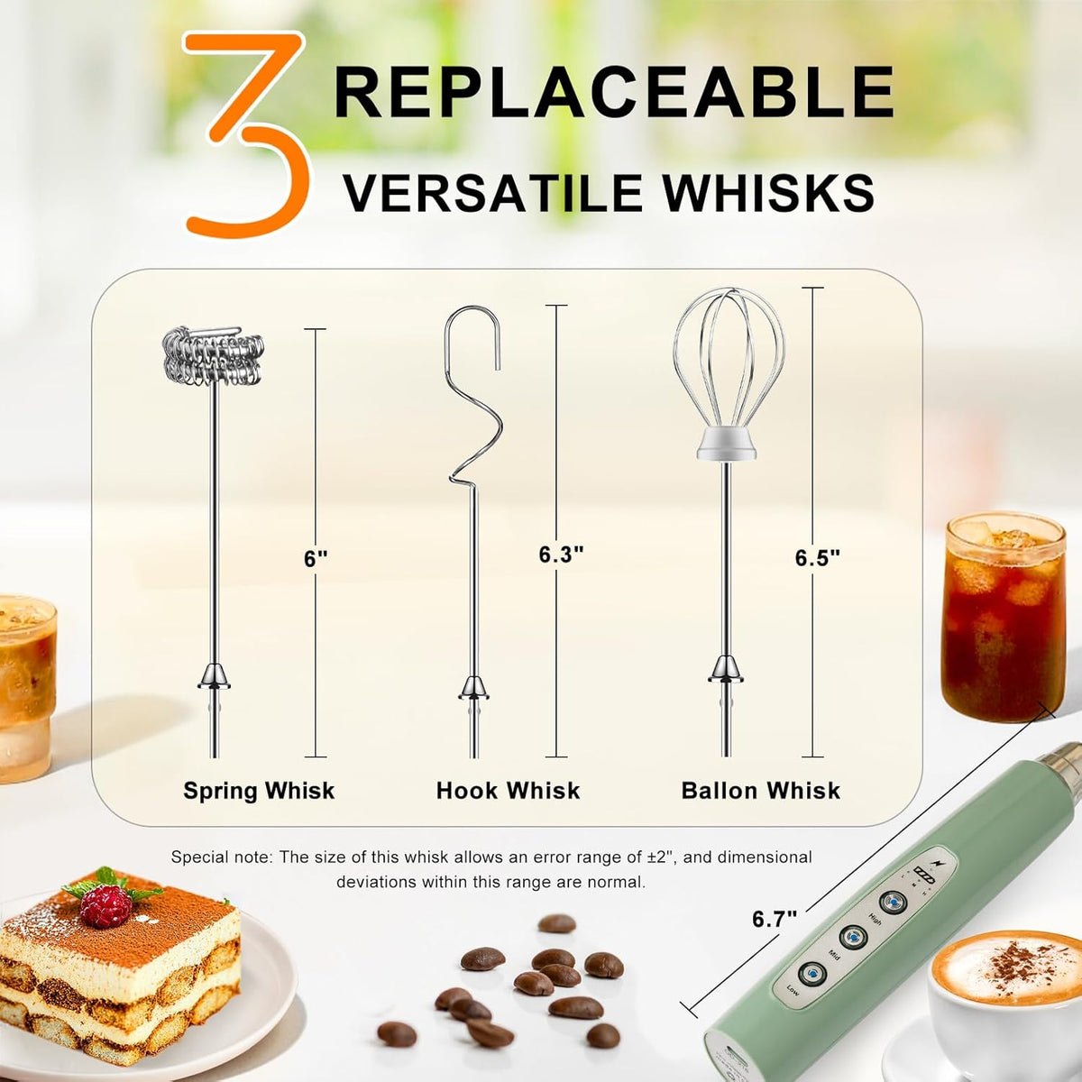 Yuswko Granite Green Handheld Milk Frother Wand for Coffee, Rechargeable Electric Whisk with 3 Heads 3 Speeds Drink Mixer Coffee Frother For Latte