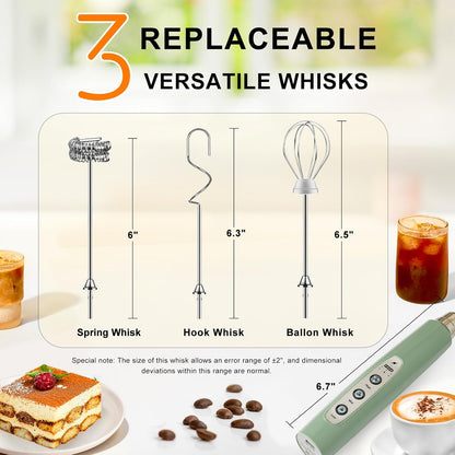 Yuswko Granite Green Handheld Milk Frother Wand for Coffee, Rechargeable Electric Whisk with 3 Heads 3 Speeds Drink Mixer Coffee Frother For Latte