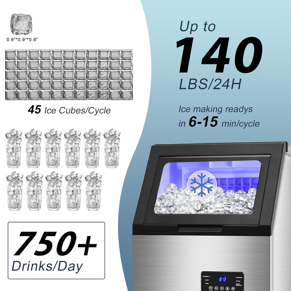 Commercial Ice Maker Machine 140LBS/24H with 30LBS Storage Bin, Stainless Steel Undercounter/Freestanding Ice Maker Machine for Home Bar Outdoor, 45PCS Ice Cubes Ice Machine, Self Cleaning