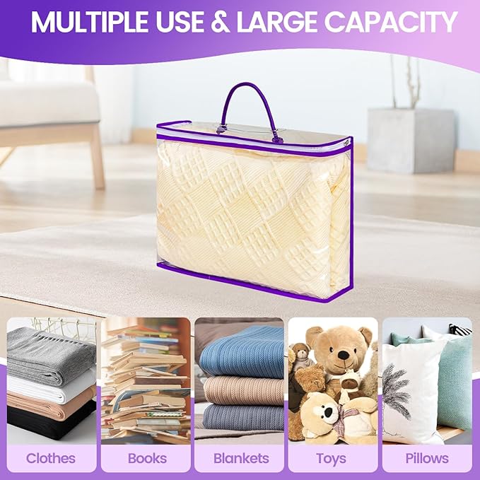 6 Pcs Storage Organizer Bags for Clothes, Clear Zippered Storage Bags for Sweater Blanket Bed Sheet Storage, Plastic Storage Bags with Zipper for Closet Linen Sweater Blanket (Purple)