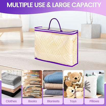 6 Pcs Storage Organizer Bags for Clothes, Clear Zippered Storage Bags for Sweater Blanket Bed Sheet Storage, Plastic Storage Bags with Zipper for Closet Linen Sweater Blanket (Purple)