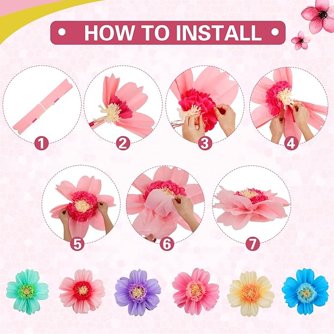 Crowye 24 Pcs Large Colorful Tissue Paper Flowers Decorations Giant Fiesta Craft Crepe Paper Flowers for Wall Decor Backdrop Mexican Wedding Birthday Carnival Party (10'' 20'',Colorful)