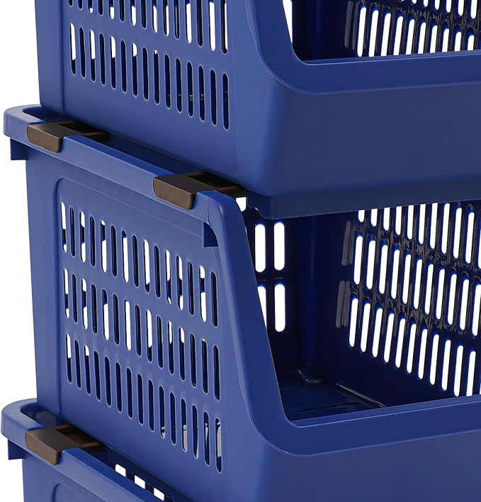 4-Pack Stackable Storage Baskets with 2 Wheels, Large Capacity 38.58 lbs Stackable Storage Bins Open Front, Space Saving Home Organization for Kitchen Bedroom Office (Blue, 9.5*13.4*29.9 in)