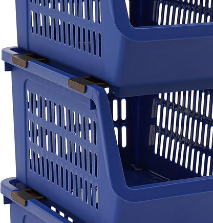 4-Pack Stackable Storage Baskets with 2 Wheels, Large Capacity 38.58 lbs Stackable Storage Bins Open Front, Space Saving Home Organization for Kitchen Bedroom Office (Blue, 9.5*13.4*29.9 in)