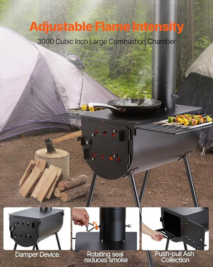 VEVOR 118" Camping Wood Stove, Portable Alloy Steel Tent Stove with 3000in³ Firebox, Outdoor Heating & Cooking Stove with Chimney Pipes & Gloves, Includes 8 Pipes for Efficient Heating