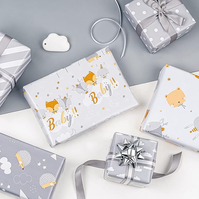 WRAPAHOLIC Reversible Baby Shower Wrapping Paper Roll - Mini Roll - 3 Rolls - 17 Inch x 120 Inch Per Roll - Cute Hedgehog, Animals & Baby Lettering Design for Neutral Baby Shower