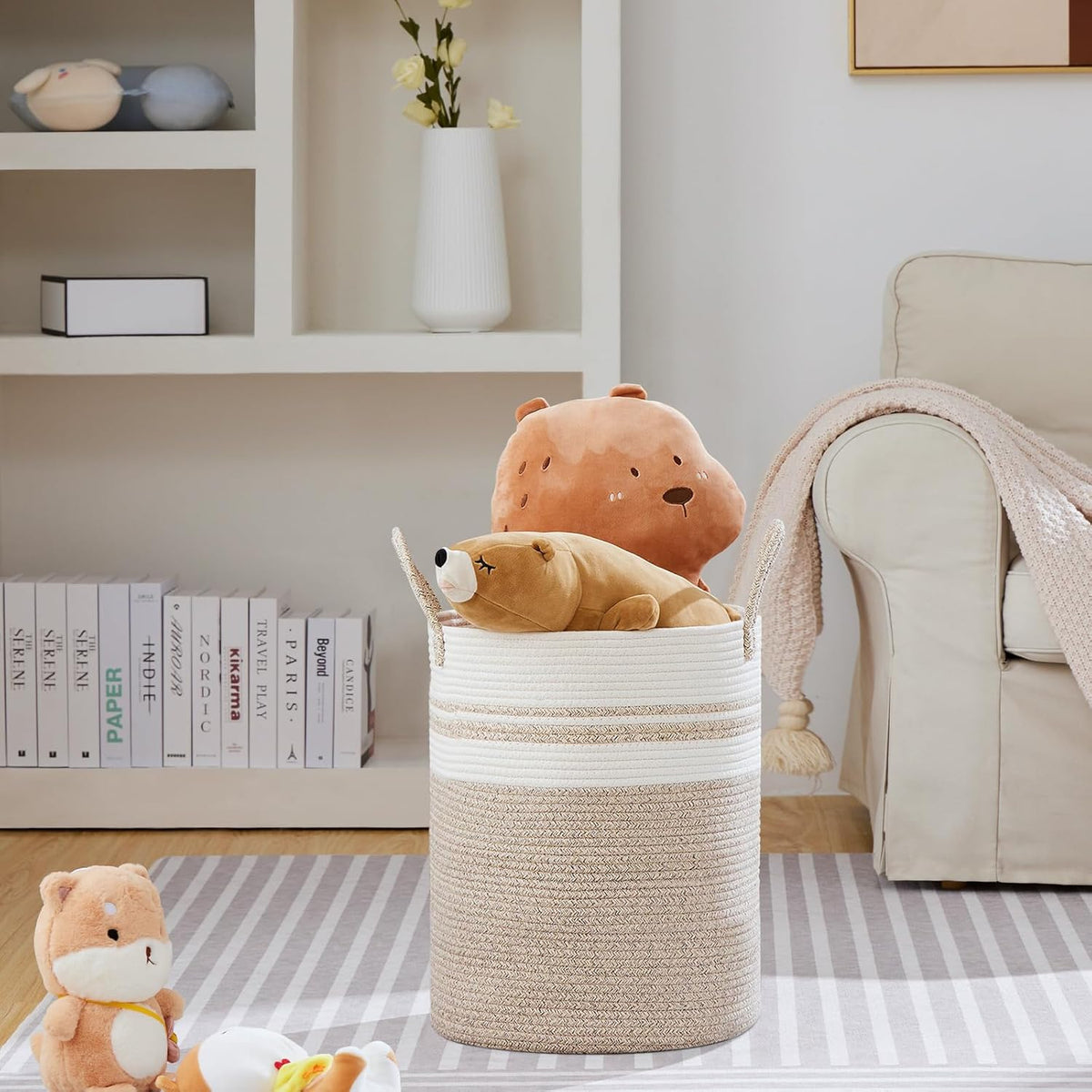 VIPOSCO Large Laundry Hamper, Tall Woven Rope Storage Basket for Blanket, Toys, Dirty Clothes in Living Room, Bathroom, Bedroom - 53L Brown & White
