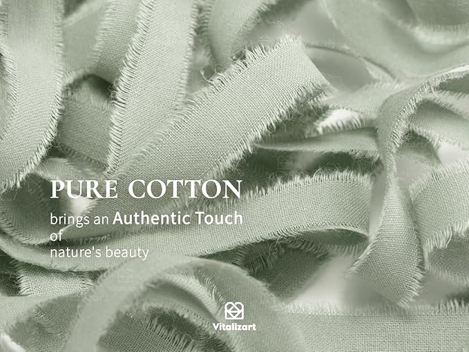 Vitalizart Green Cotton Ribbon Handmade Fringe 5/8" x 21 Yd Sage Pure Natural Cotton Ribbons for Gift Wrapping Wedding Invites Bridal Shower Bouquets Holiday Decor