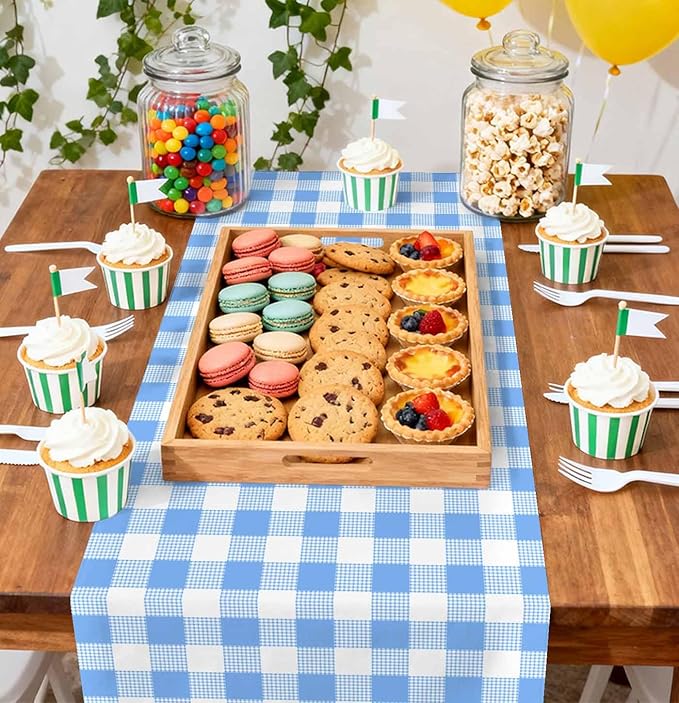 3 Pcs Light Blue and White Checkered Table Runner Plastic 14 x 108 Disposable Baby Blue Gingham Table Runner for Birthday Wedding Baby Shower Party Table Centerpiece Decorations