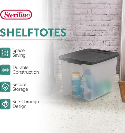 Sterilite 6-Pack ShelfTote, Clear Plastic Storage Bins with Lids, 50 Quart, Gray - Stackable Organizing Container Boxes for Closet, Bathroom, and Office