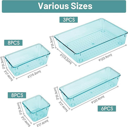 WOWBOX 25 PCS Plastic Drawer Organizer Set, 4 Sizes Desk Drawer Divider Organizers and Storage Bins for Makeup, Jewelry, Gadgets for Kitchen, Bedroom, Bathroom, Office, Sea Blue