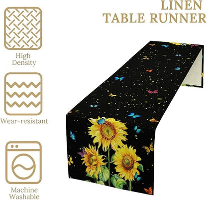 Farmhouse Sunflower Table Runner, Black Starry Spring Yellow Flowers Botanical Butterfly Table Runners for Dining Kitchen Holiday Party Table Decor, 13x36inch