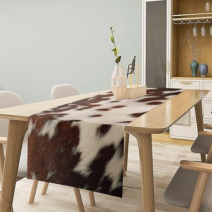 Cow Print Table Runner, Western White Brown Cowhide Rustic Coffee Table Runner for Home Kitchen Dining Room Farmhouse 13x60in
