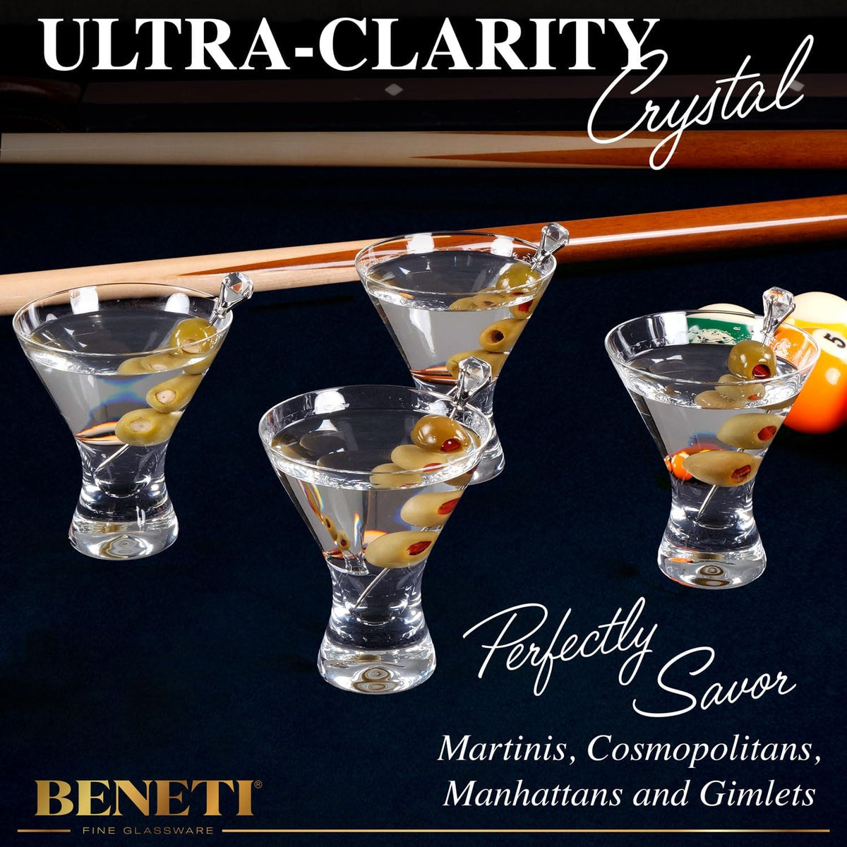 Beneti Martini Glasses Set of 4, Made in Europe, 8oz Clear Stemless Cocktail Bar Drinking Glassware Set for Parties (4 Pack)