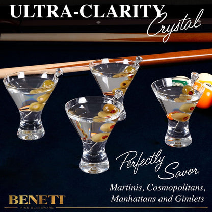 Beneti Martini Glasses Set of 4, Made in Europe, 8oz Clear Stemless Cocktail Bar Drinking Glassware Set for Parties (4 Pack)