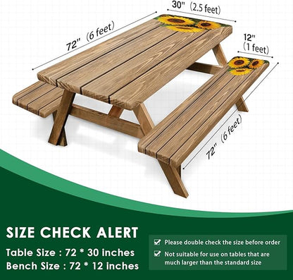 Sunflower Wooden Picnic Table Cover with Bench Covers, Rustic Summer Floral Farmhouse Outdoor Camping Essentials 6FT 3PCS Fitted Rectangle RV Must Haves Tablecloth with Drawstring Bag