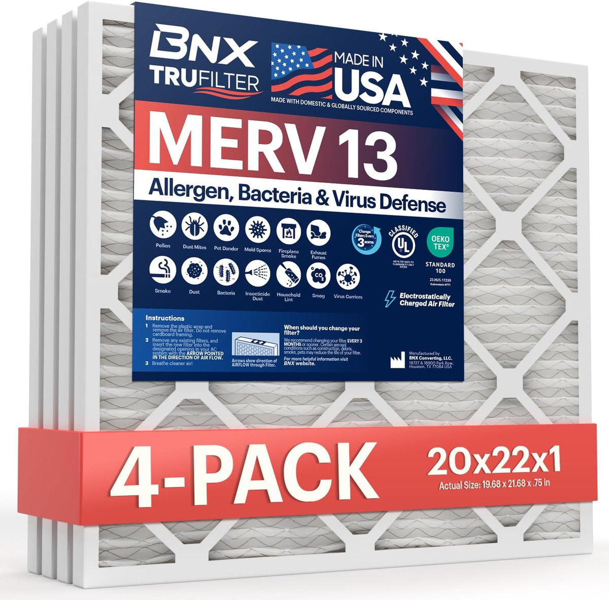 BNX TruFilter 20x22x1 Air Filter MERV 13 (4-Pack) - MADE IN USA - Electrostatic Pleated Air Conditioner HVAC AC Furnace Filters for Allergies, Pollen, Mold, Bacteria, Smoke, Allergen, MPR 1900 FPR 10