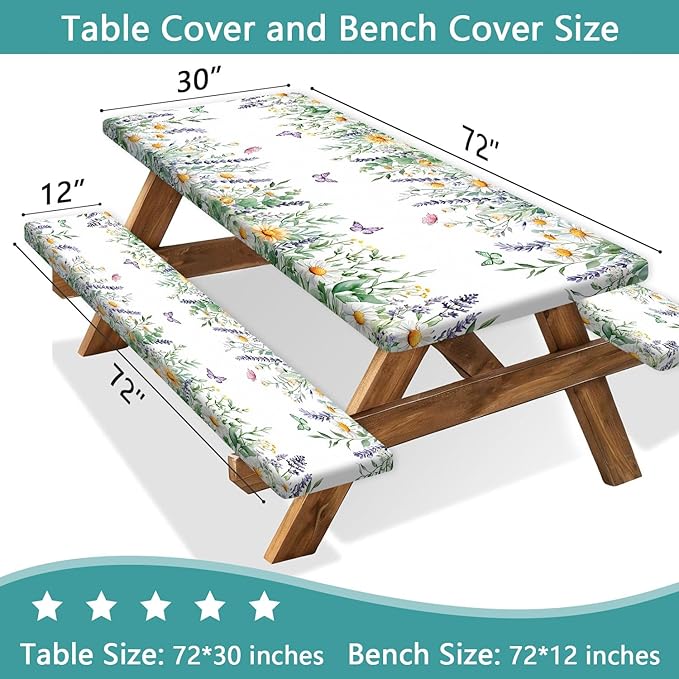 Floral Picnic Table Cover with Bench Covers, Camping Essentials, Leaves Flower Butterfly Waterproof Windproof, Fitted Tablecloth Cover with Elastic Edge, for Indoor, Outdoor, 3 PCS, 30x72 Inch