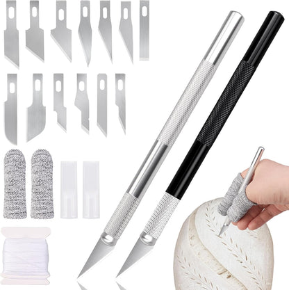 20Pcs Bread Lame Scribing Tool Kit - 2 Precision Scribes with 15 Blades, Finger Guard, Design Cord, Safety Cover and Storage Box