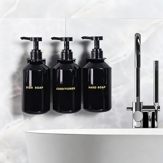 Wall Mounted Shampoo Dispenser for Shower, 3 Chamber 16.9 fl oz Each, 4CC Pump Soap Dispenser for Bathroom, Glossy Black Shampoo and Conditioner Dispenser with Crystal Labels (Black)