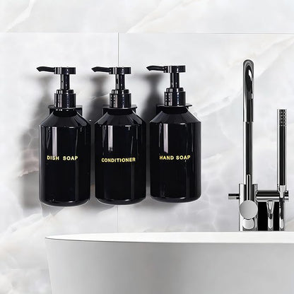 Wall Mounted Shampoo Dispenser for Shower, 3 Chamber 16.9 fl oz Each, 4CC Pump Soap Dispenser for Bathroom, Glossy Black Shampoo and Conditioner Dispenser with Crystal Labels (Black)