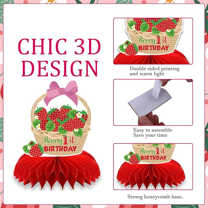 Berry First Birthday Decor - 9PCS Sweet One Birthday Party Decorations Cute Strawberry 1st Birthday Decorations Berry First Birthday Party Table Centerpiece Decor Supplies Baby Girls