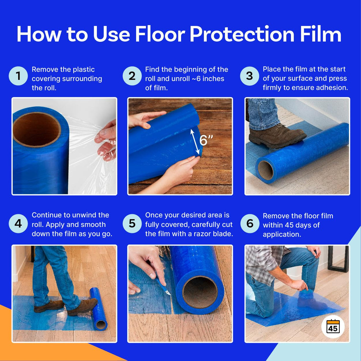 Floor Protection Film, 48" x 200', Made in USA, Blue Self Adhesive Floor Protector Tape for Moving, Painting and Construction, Temporary Covering to Shield Hardwood, Tile, Hard Surfaces