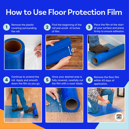 Floor Protection Film, 48" x 200', Made in USA, Blue Self Adhesive Floor Protector Tape for Moving, Painting and Construction, Temporary Covering to Shield Hardwood, Tile, Hard Surfaces