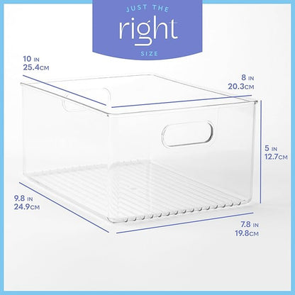 Plastic Food Storage 4 Pack Clear Container Bin with Handles for Organizing Kitchen, Pantry, Refrigerator, Freezer, Pantry, Cabinet, Closet, Bathroom 10”x8”x5”