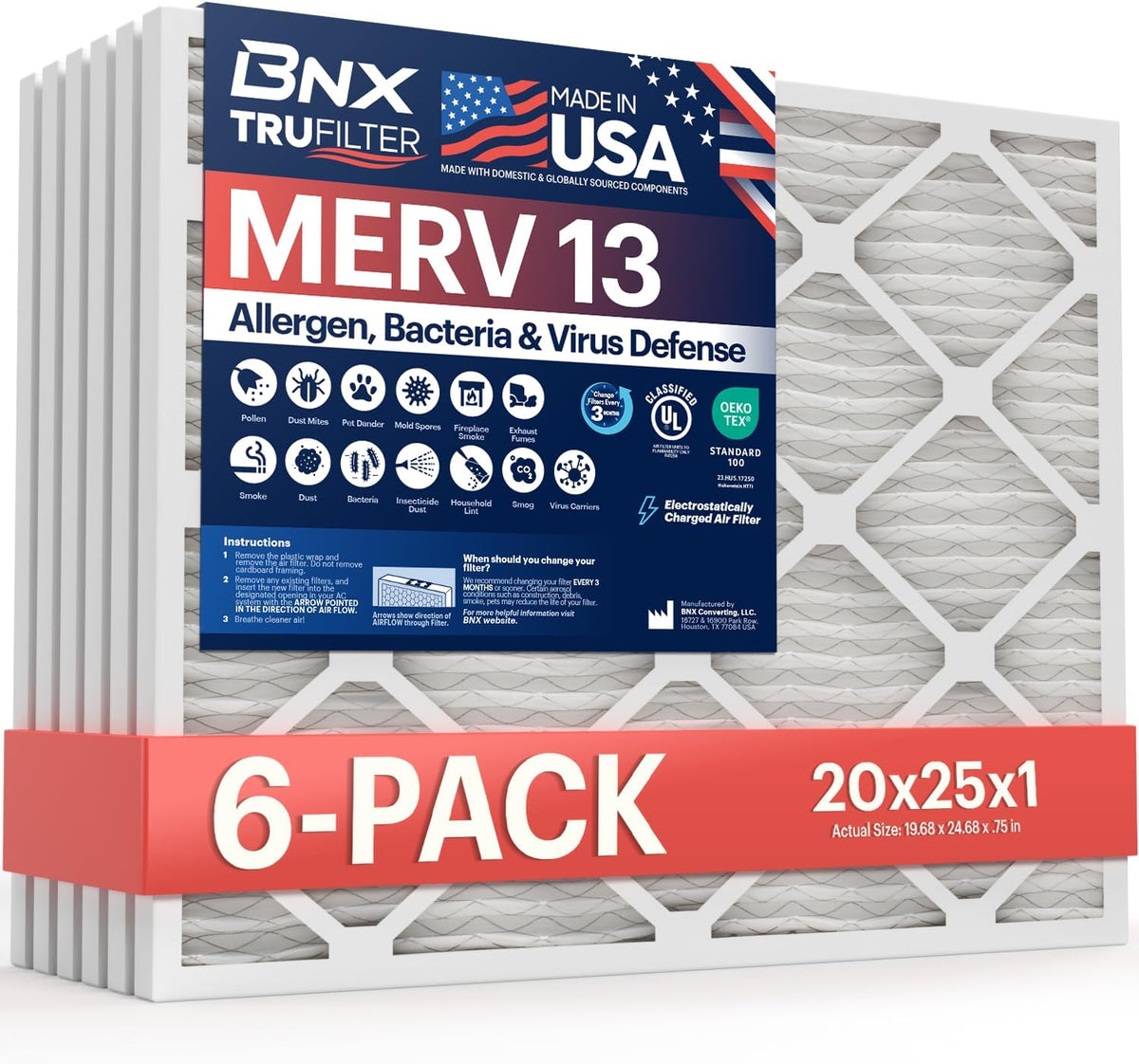 BNX TruFilter 20x25x1 Air Filter MERV 13 (6-Pack) - MADE IN USA - Electrostatic Pleated Air Conditioner HVAC AC Furnace Filters for Allergies, Pollen, Mold, Bacteria, Smoke, Allergen, MPR 1900 FPR 10