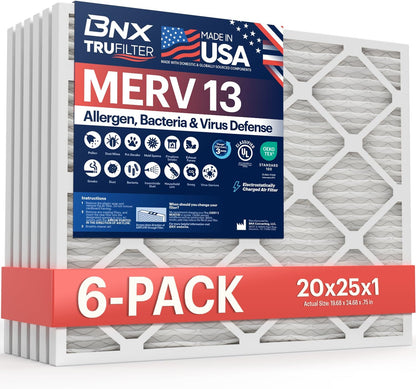 BNX TruFilter 20x25x1 Air Filter MERV 13 (6-Pack) - MADE IN USA - Electrostatic Pleated Air Conditioner HVAC AC Furnace Filters for Allergies, Pollen, Mold, Bacteria, Smoke, Allergen, MPR 1900 FPR 10