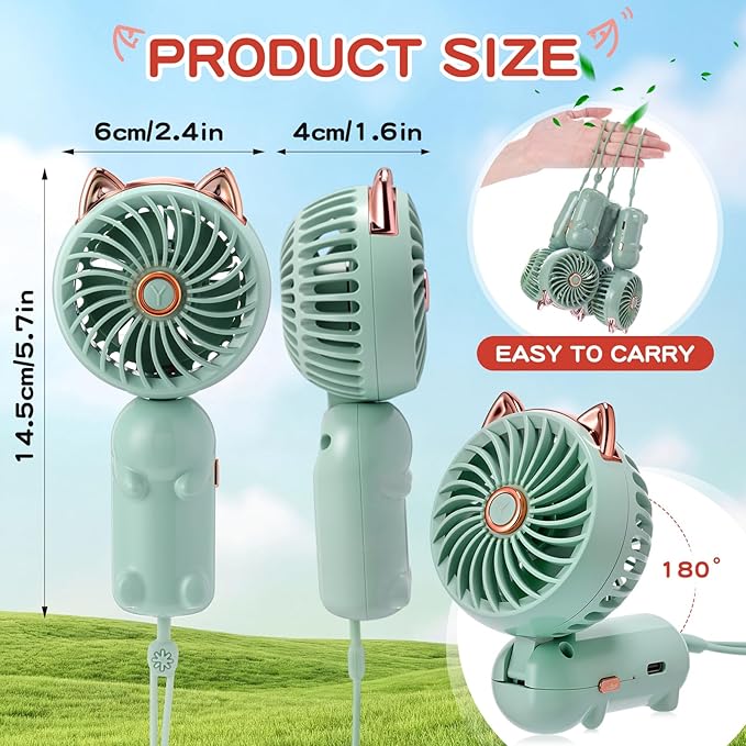 Glooglitter 4 Pcs Mini Handheld Fan Bulk, Green USB Rechargeable Portable Personal Fan, 3 Speed Wind, 180° Adjustable Fold, Cute Cat Ears Design, for Women Girls Indoor Outdoor Travel Camping Supplies