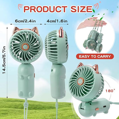 Glooglitter 4 Pcs Mini Handheld Fan Bulk, Green USB Rechargeable Portable Personal Fan, 3 Speed Wind, 180° Adjustable Fold, Cute Cat Ears Design, for Women Girls Indoor Outdoor Travel Camping Supplies