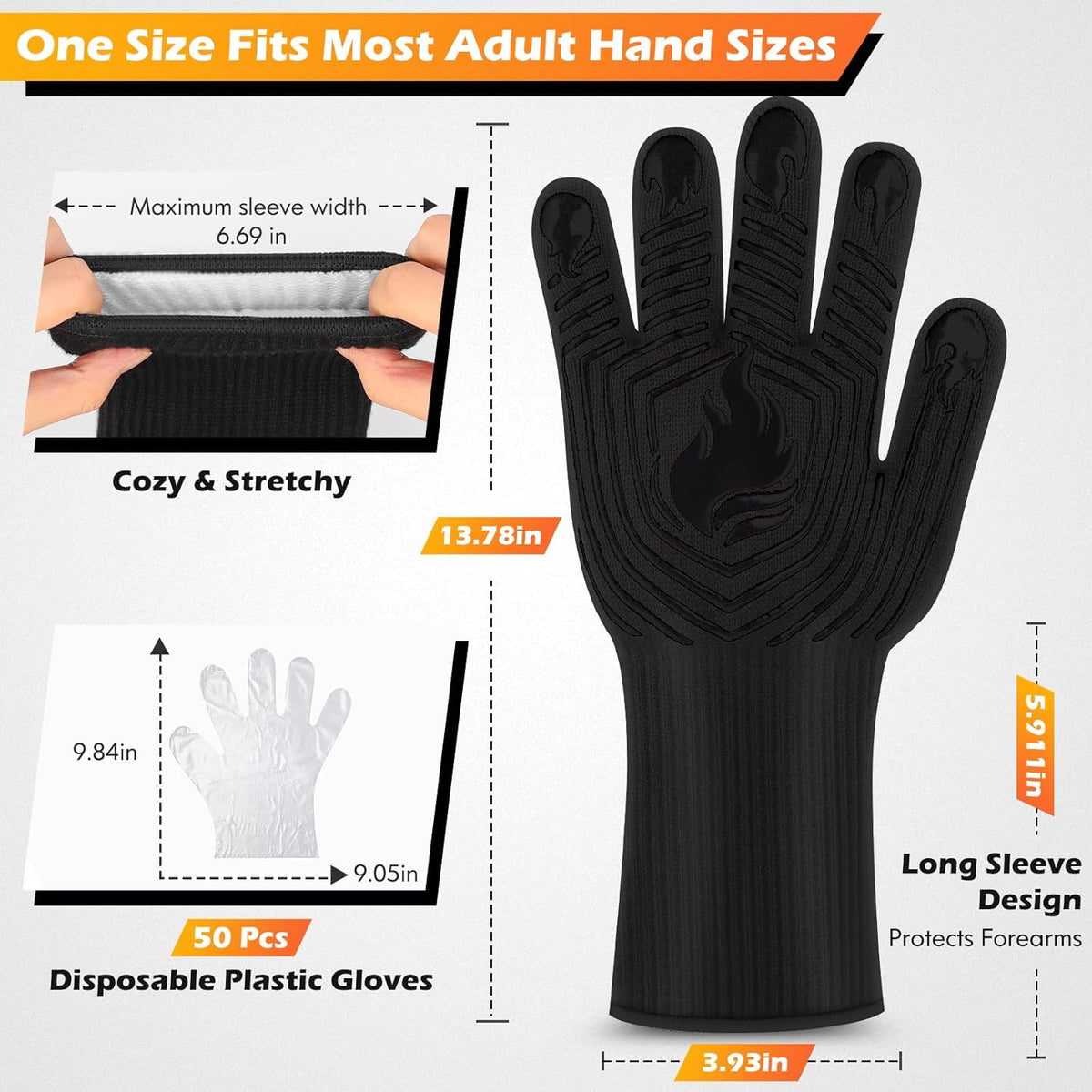 BBQ Gloves, 1472°F Heat Resistant Fireproof Mitts, Silicone Non-Slip Washable Oven Kitchen Gloves for Barbecue, Grilling, Cooking, Baking, Camping