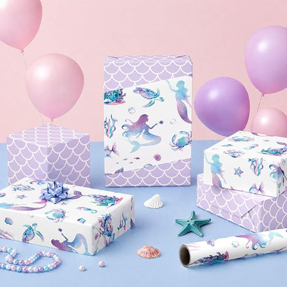 WERNNSAI Mermaid Wrapping Paper - 1 Roll 17”x 33 ft Colorful Mermaid Scale Gift Wrap Purple Princess Gift Wrapping for Girls Birthday Baby Shower Party Favor Reversible Iridescent Scales Design