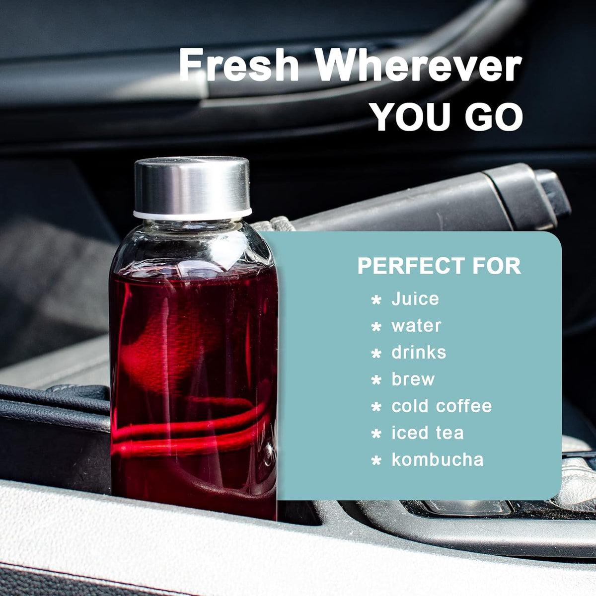 Clear Glass Bottles with Lids 18 oz, Reusable Glass Water Bottles with Stainless Steel Cap for Juicing, Refrigerator,100% Leak Proof, BPA Free
