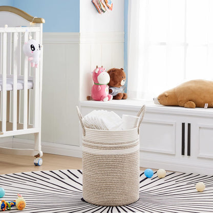 VIPOSCO Tall Laundry Hamper, Woven Rope Storage Basket for Blanket, Toys, Dirty Clothes in Living Room, Bathroom, Bedroom - 30L Brown & White