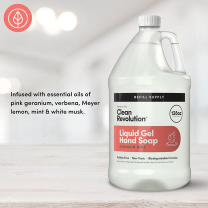 Clean Revolution Liquid Gel Hand Soap, Silky Rich Liquid, Quick Lather, Fast Rinsing, Contains Real Essential Oils (Geranium Mint) 128 Fl Oz