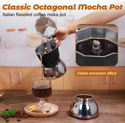 No Coating 6 Cup Aluminum and Stainless Steel Moka Pot Stovetop Espresso Maker Italian Coffee Machine 350ml 11.84oz Suitable for Gas Induction Stovetop Greca Coffee Maker Percolator Black