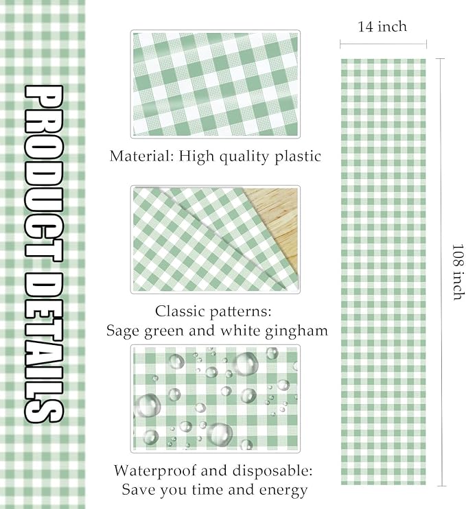 12 Pcs Sage Green and White Checkered Table Runner Plastic 14 x 108 Disposable Sage Green Gingham Table Runner for Birthday Wedding Baby Shower Party Table Centerpiece Decorations