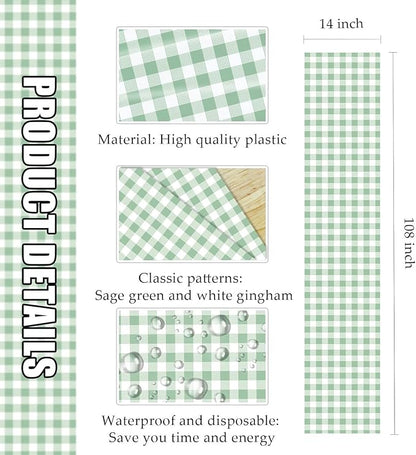 12 Pcs Sage Green and White Checkered Table Runner Plastic 14 x 108 Disposable Sage Green Gingham Table Runner for Birthday Wedding Baby Shower Party Table Centerpiece Decorations
