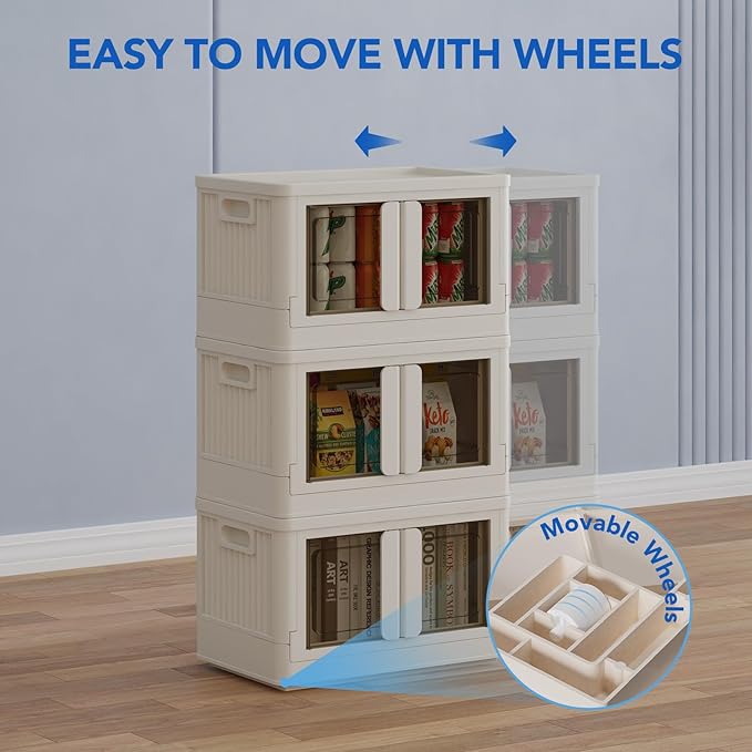 FLEXIMOUNTS 75 QT Stackable Storage Bins With Lids, Collapsible Plastic Storage Bins, Closet Organizers and Storage Containers with Doors and Built-in Wheels For Home, 2 Pack Cubes, Milky White