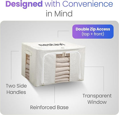 24L Pack Of Two Clothes Storage Bin, Foldable Blanket Storage Bags with Zippers, Under Bed Storage Box, Clear Window and Reinforced Handles, Bed Sheets Storage Box