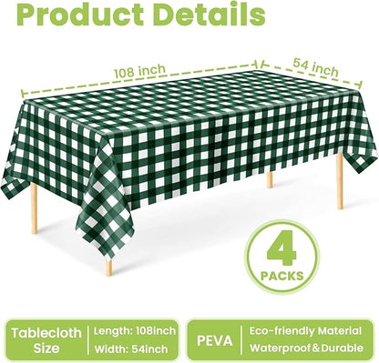 Mulbozy Dark Green Gingham Tablecloth 4 Pack, 54 x 108 Inch Plastic Table Cloth Disposable, Green and White Checkered Table Cover for Party Supplies