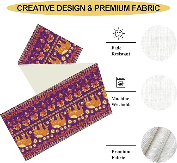 African Tribal Table Runner, Rustic Elephants Floral African Indian Diwali Art Print Purple Coffee Table Center Decor for Home Kitchen Holiday Party Farmhouse Outdoor Table Decorations, 13"x72"