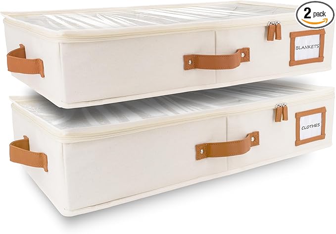 HOMELUX THEORY 2pc Under Bed Storage Containers, Bedroom Under the Bed Drawer Storage Organizer with Bins and Lids, Large Underbed Clothes Storage Box Ideal for Blanket, Fabric, & Shoes (Ivory)